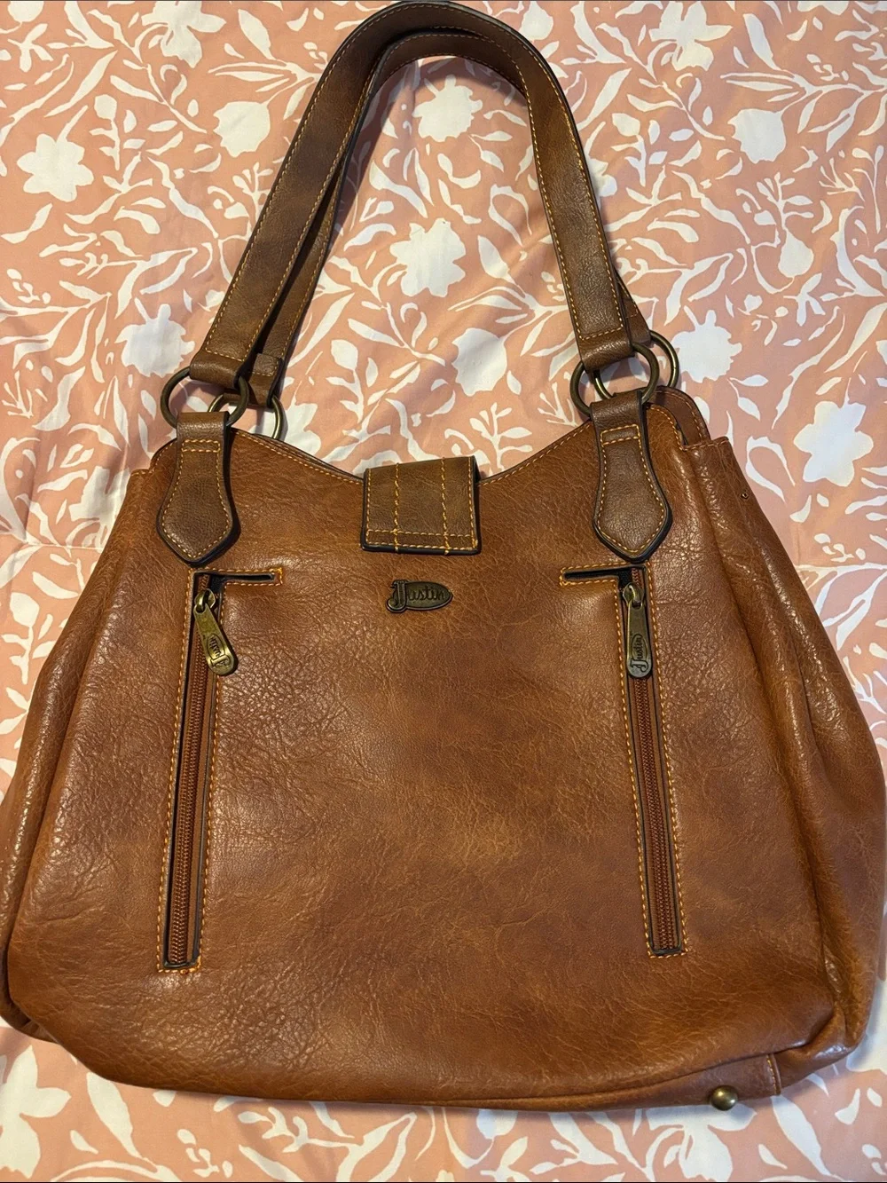 Justin Boots Brown Shoulder Bag with Dual Zip Accents